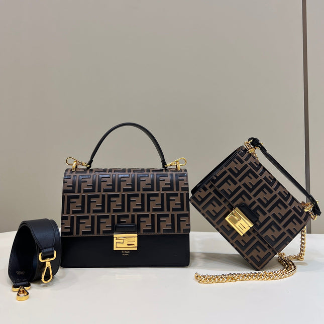 FENDI KANI 26 BAG IN BLACK MIX CHOCOLATE BROWN FFF CALFSKIN WITH GOLD HARDWARE