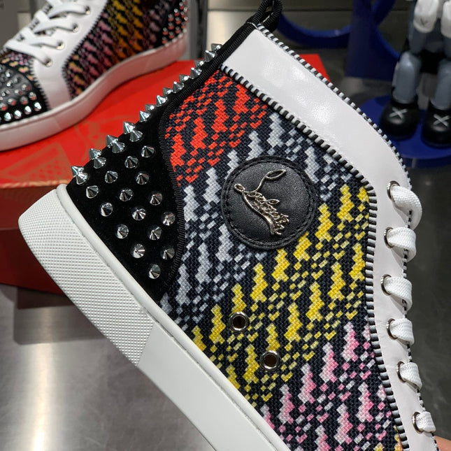 LOU SPIKES HIGH-TOP SNEAKERS IN MULTICOLOR WOVEN FABRIC MIX CALFSKIN