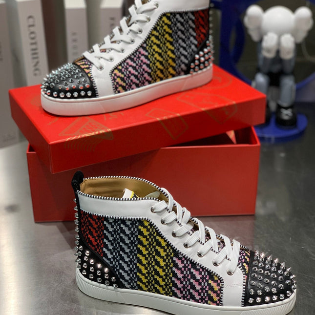 LOU SPIKES HIGH-TOP SNEAKERS IN MULTICOLOR WOVEN FABRIC MIX CALFSKIN