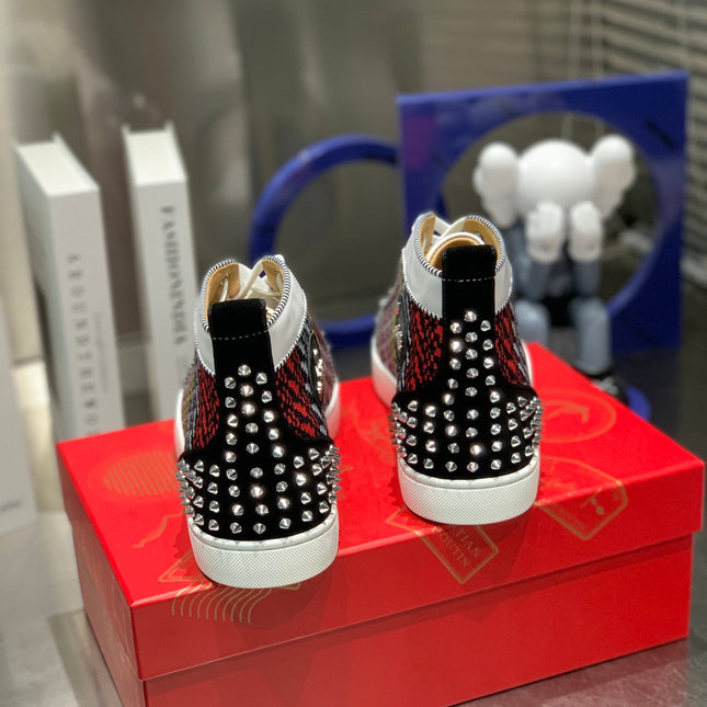 LOU SPIKES HIGH-TOP SNEAKERS IN MULTICOLOR WOVEN FABRIC MIX CALFSKIN
