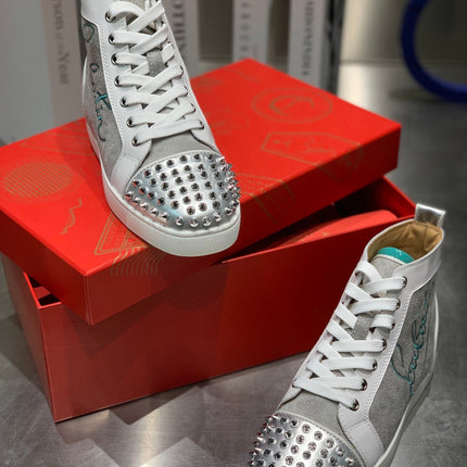 EMBROIDERED LOU SPIKES HIGH-TOP SNEAKERS IN GREY SUEDE MIX CALFSKIN