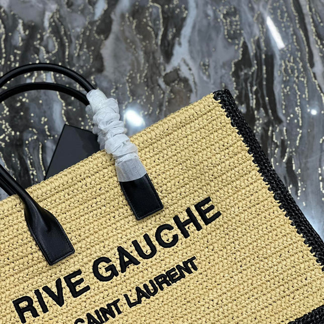 RIVE GAUCHE TOTE BAG 48 IN LIGHT YELLOW AND BLACK TRIM RAFFIA