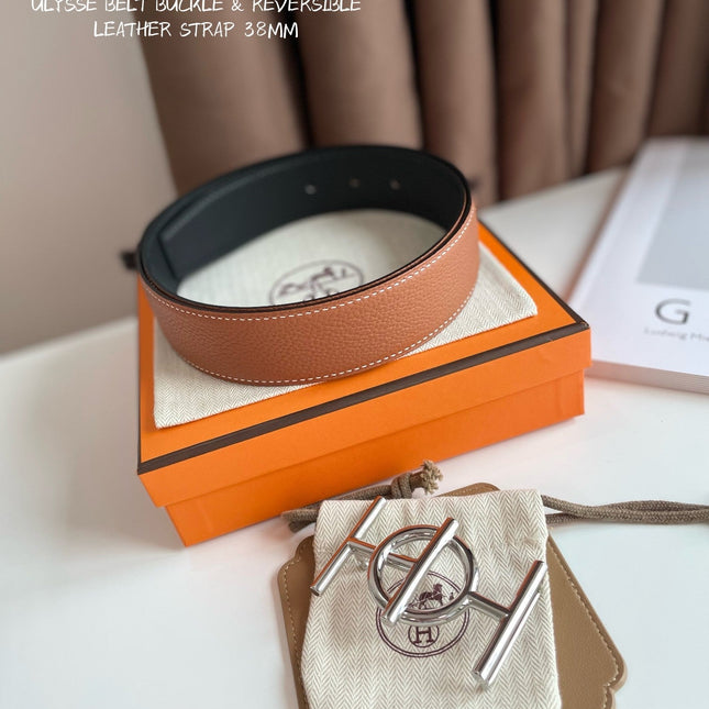 ULYSSE BELT BUCKLE & REVERSIBLE GINGER ORANGE LEATHER STRAP 38MM SILVER HARDWARE