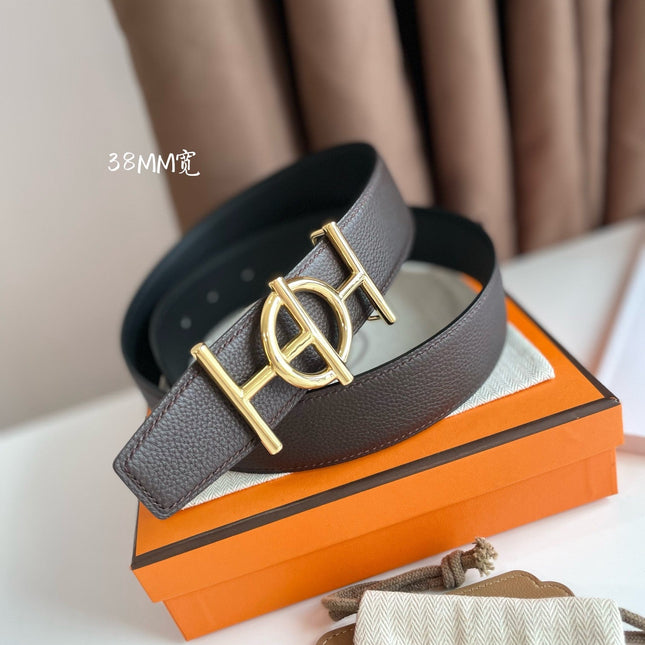 ULYSSE BELT BUCKLE & REVERSIBLE CHOCOLATE BROWN LEATHER STRAP 38MM GOLD HARDWARE