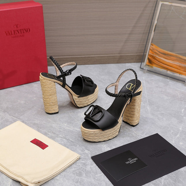 VLTN ESPADRILLE WEDGE SANDALS 25S 130 MM IN BLACK LAMBSKIN