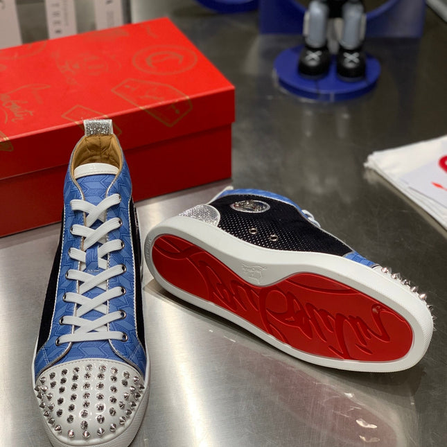 LOU SPIKES STUDDED HIGH-TOP SNEAKERS IN BLUE AND BLACK FABRIC MIX CALFSKIN