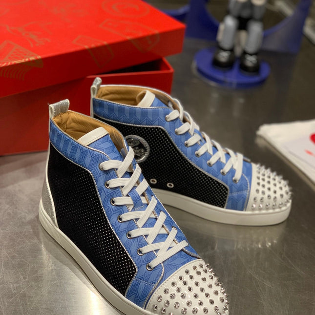 LOU SPIKES STUDDED HIGH-TOP SNEAKERS IN BLUE AND BLACK FABRIC MIX CALFSKIN