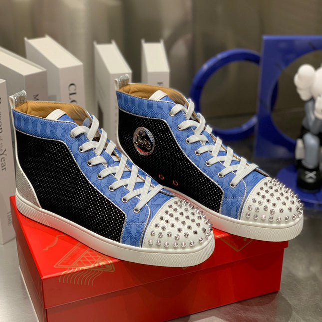 LOU SPIKES STUDDED HIGH-TOP SNEAKERS IN BLUE AND BLACK FABRIC MIX CALFSKIN