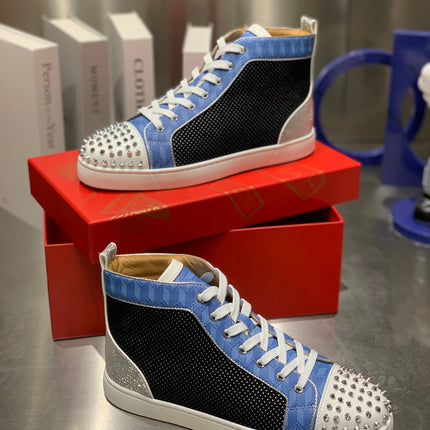 LOU SPIKES STUDDED HIGH-TOP SNEAKERS IN BLUE AND BLACK FABRIC MIX CALFSKIN