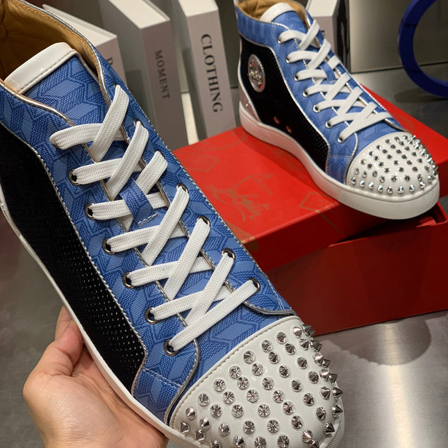 LOU SPIKES STUDDED HIGH-TOP SNEAKERS IN BLUE AND BLACK FABRIC MIX CALFSKIN