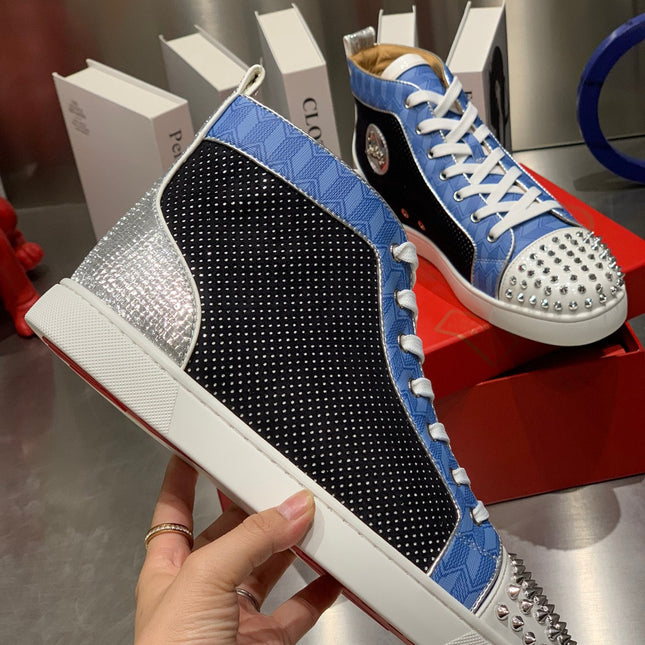 LOU SPIKES STUDDED HIGH-TOP SNEAKERS IN BLUE AND BLACK FABRIC MIX CALFSKIN