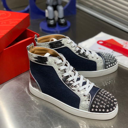 LOU SPIKES STUDDED HIGH-TOP SNEAKERS IN NAVY BLUE FABRIC AND CALFSKIN
