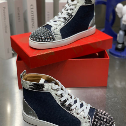 LOU SPIKES STUDDED HIGH-TOP SNEAKERS IN NAVY BLUE FABRIC AND CALFSKIN