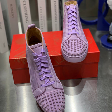 LOU SPIKES STUDDED HIGH-TOP SNEAKERS IN BABY PURPLE SUEDE