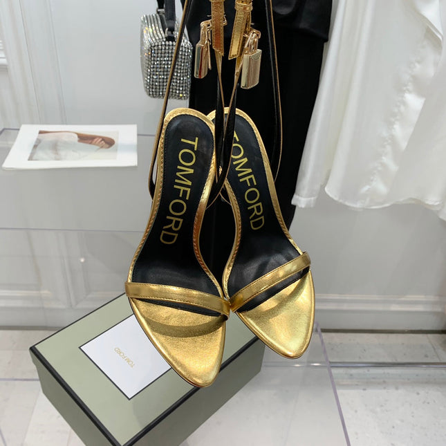 PADLOCK HIGH HEEL 10 CM SANDAL IN GOLD SHEEPSKIN