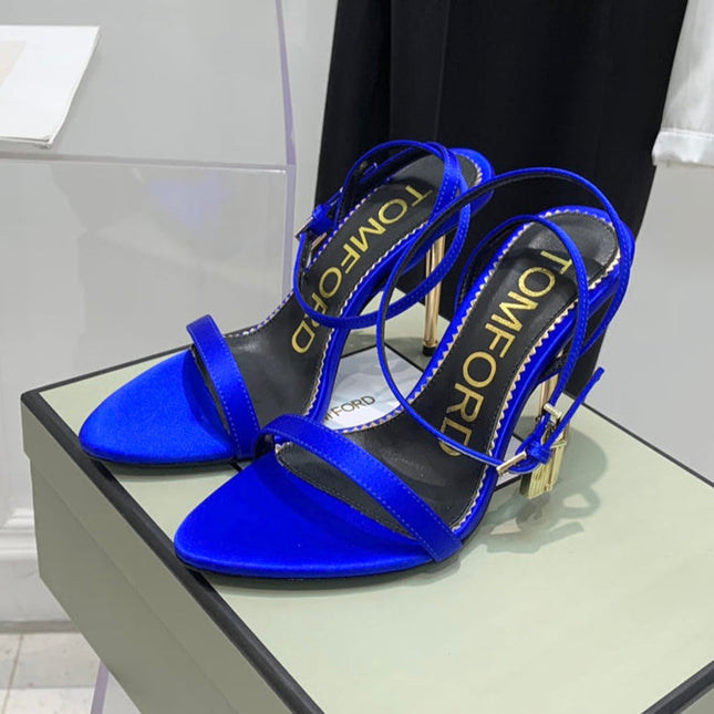 PADLOCK HIGH HEEL 10 CM SANDAL IN COBALT BLUE SHEEPSKIN