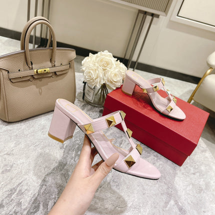 ROMAN STUD PASTEL PINK CALFSKIN SLIDE SANDAL 60 MM