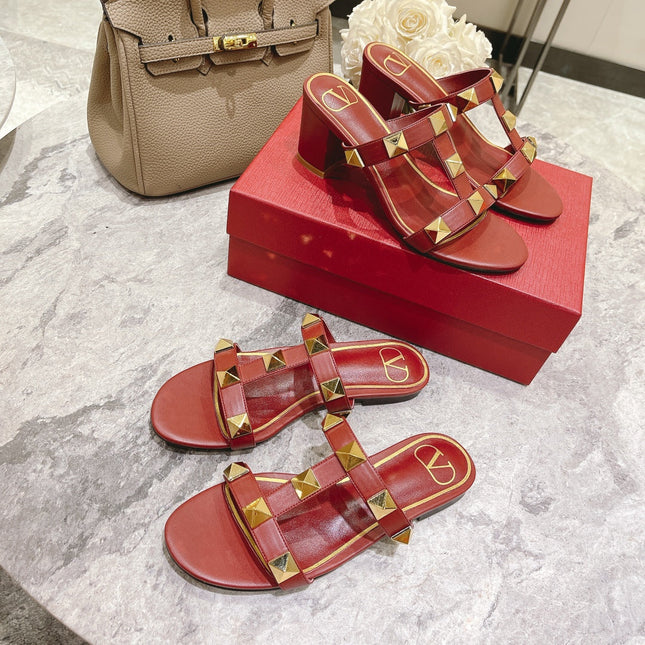 ROMAN STUD CHERRY RED CALFSKIN FLAT SLIDE SANDAL 25 MM
