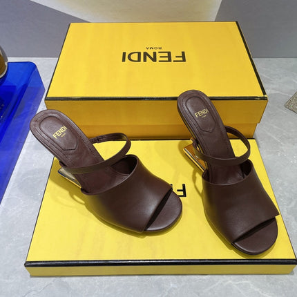 FENDI FIRST 95 MM HIGH-HEELED SANDAL IN CHOCOLATE BROWN LAMBSKIN GOLD HARDWARE