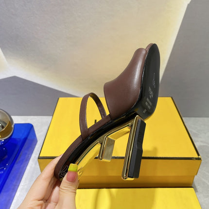 FENDI FIRST 95 MM HIGH-HEELED SANDAL IN CHOCOLATE BROWN LAMBSKIN GOLD HARDWARE