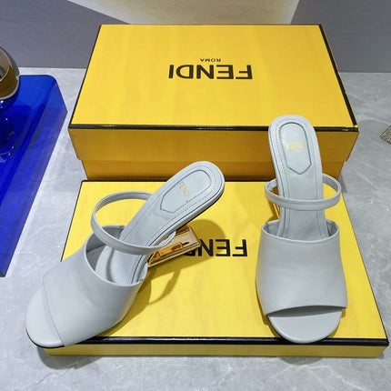 FENDI FIRST 95 MM HIGH-HEELED SANDAL IN CLOUD GREY LAMBSKIN GOLD HARDWARE