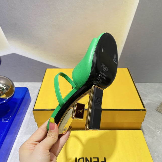 FENDI FIRST 95 MM HIGH-HEELED SANDAL IN EMERAKD GREEN LAMBSKIN GOLD HARDWARE