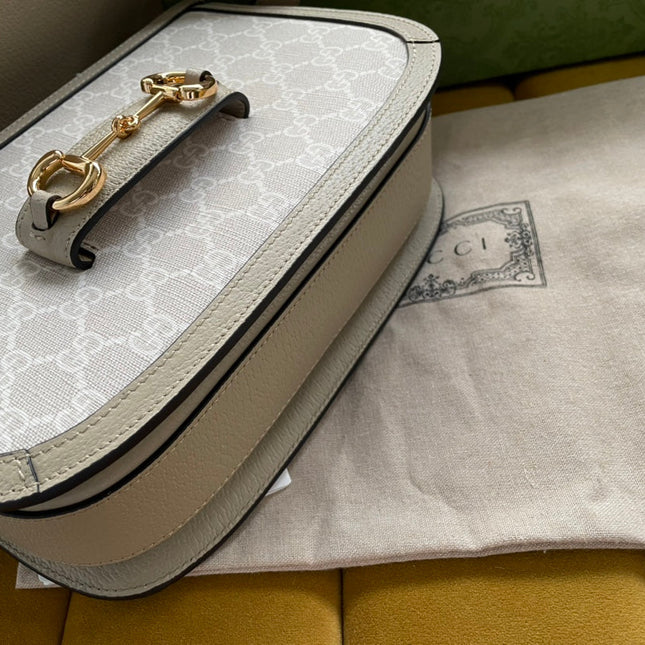 GG HORSEBIT 1955 SADDLE BAG 25 IN WHITE CANVAS AND BEIGE CALFSKIN
