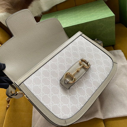 GG HORSEBIT 1955 SADDLE BAG 25 IN WHITE CANVAS AND BEIGE CALFSKIN
