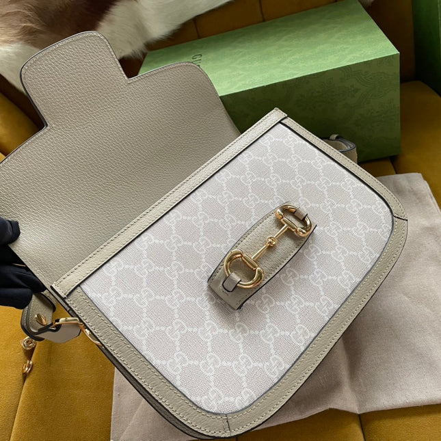 GG HORSEBIT 1955 SADDLE BAG 25 IN WHITE CANVAS AND BEIGE CALFSKIN