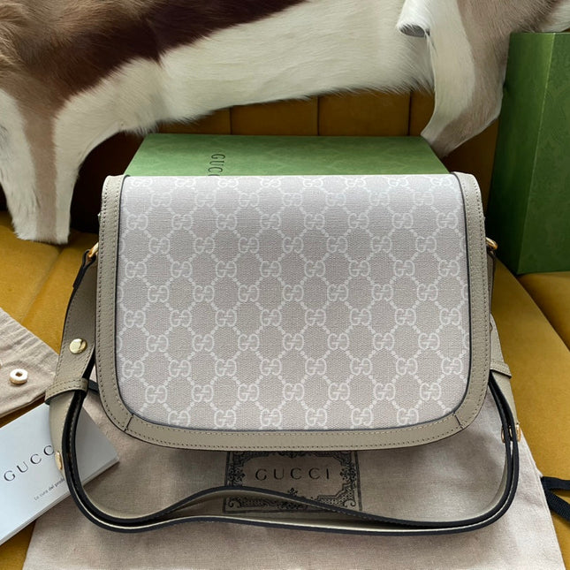 GG HORSEBIT 1955 SADDLE BAG 25 IN WHITE CANVAS AND BEIGE CALFSKIN