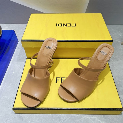 FENDI FIRST 95 MM HIGH-HEELED SANDAL IN CAMEL BROWN LAMBSKIN GOLD HARDWARE