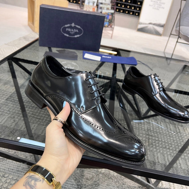 PRA BRUSHED BLACK LEATHER DERBY BROGUE SHOES