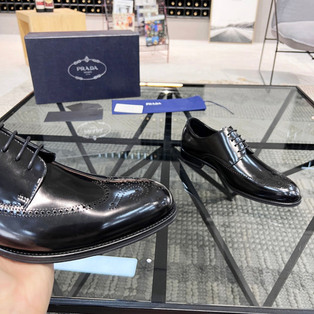 PRA BRUSHED BLACK LEATHER DERBY BROGUE SHOES