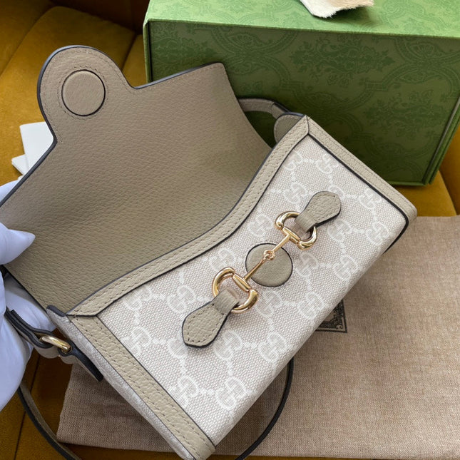 GG HORSEBIT 1955 MINI 18 BAG WHITE CANVAS AND BEIGE CALFSKIN