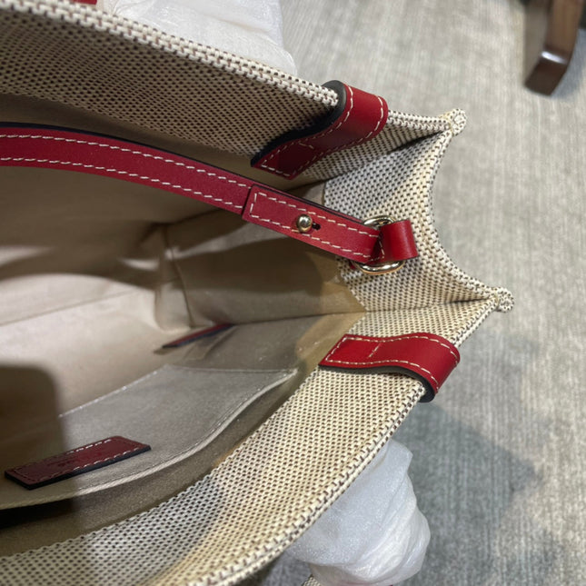 SMALL STRAP WOODY TOTE BAG 26.5 IN BEIGE LINEN CANVAS BLACK WEBBING LOGO EMBROIDER RED CALFSKIN