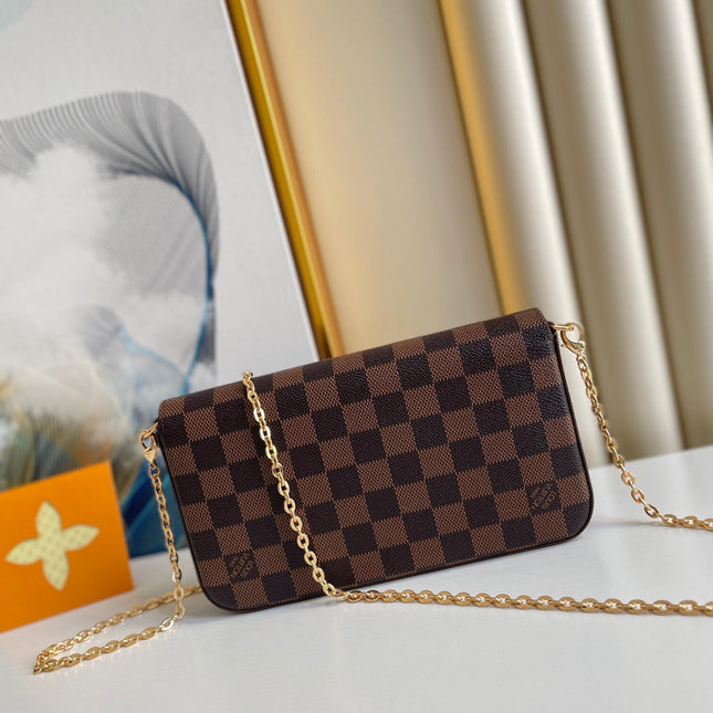 FÉLICIE POCHETTE 21 IN BROWN DAMIER EBENE COATED CANVAS GOLD HARDWARE