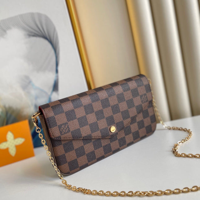 FÉLICIE POCHETTE 21 IN BROWN DAMIER EBENE COATED CANVAS GOLD HARDWARE