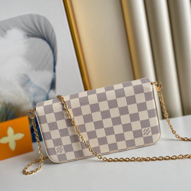 FÉLICIE POCHETTE 21 IN BLUE BEIGE DAMIER AZUR CANVAS GOLD HARDWARE