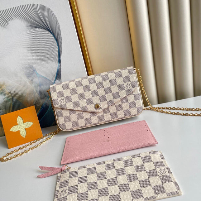 FÉLICIE POCHETTE 21 IN BLUE BEIGE DAMIER AZUR CANVAS GOLD HARDWARE