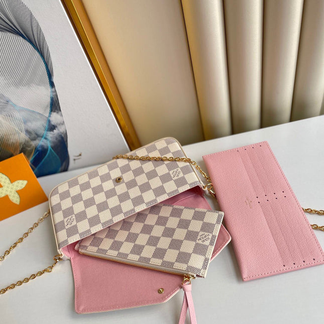 FÉLICIE POCHETTE 21 IN BLUE BEIGE DAMIER AZUR CANVAS GOLD HARDWARE