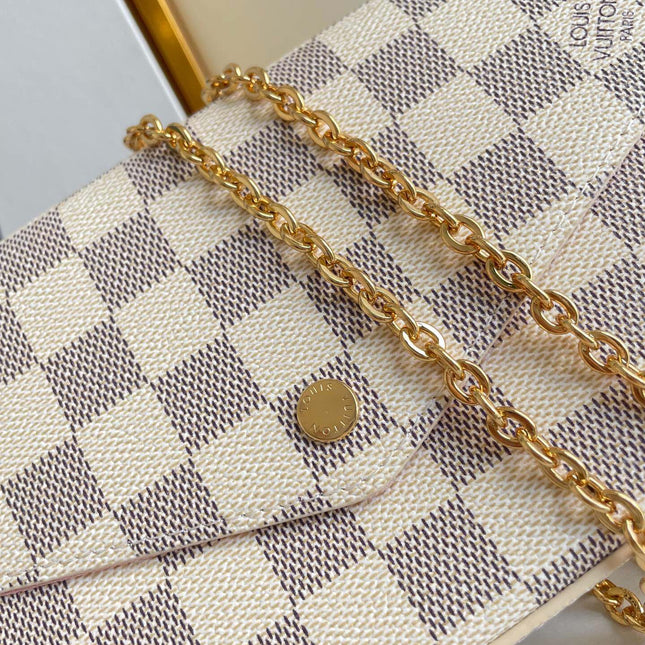 FÉLICIE POCHETTE 21 IN BLUE BEIGE DAMIER AZUR CANVAS GOLD HARDWARE
