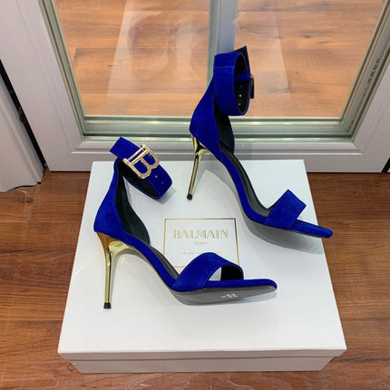 BALMAIN 25S THIN STRAP HIGH HEELS 105MM IN DARK BLUE SUEDE GOLD HARDWARE