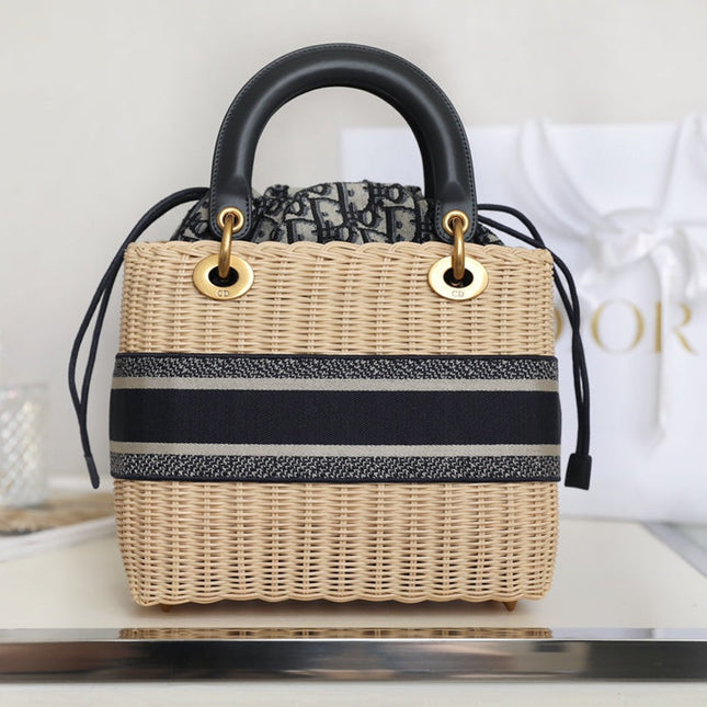 LADY 24 BASKET BAG IN BLACK OBLIQUE JACQUARD MIX BEIGE WICKER