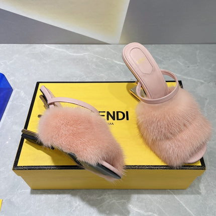 FENDI FIRST HIGH HEEL 95 MM SANDAL IN LIGHT PINK MINK FUR