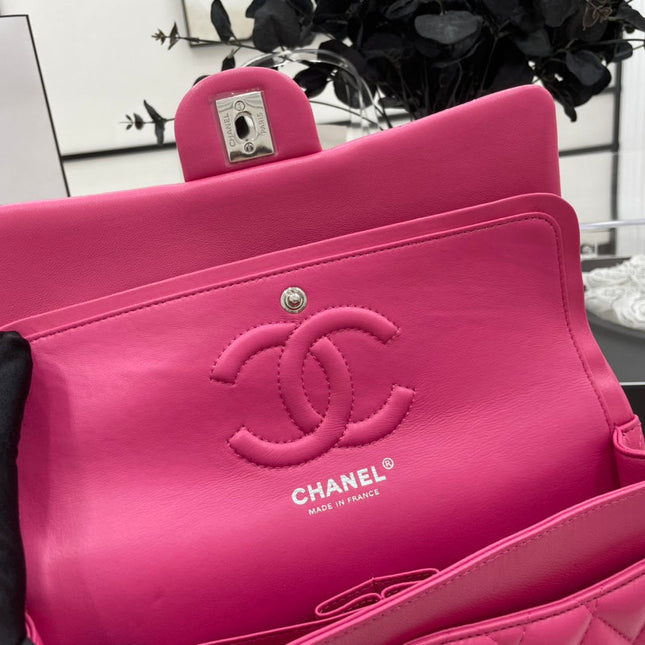CC 25 CLASSIC SMALL DOUBLE FLAP BAG IN BRIGHT PINK CALFSKIN WITH STRAP