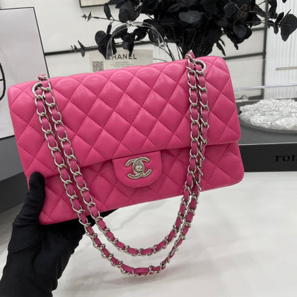 CC 25 CLASSIC SMALL DOUBLE FLAP BAG IN BRIGHT PINK CALFSKIN WITH STRAP