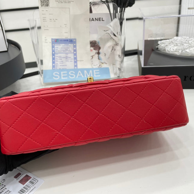 CC 25 CLASSIC SMALL DOUBLE FLAP BAG IN CHERRY RED CALFSKIN WITH STRAP