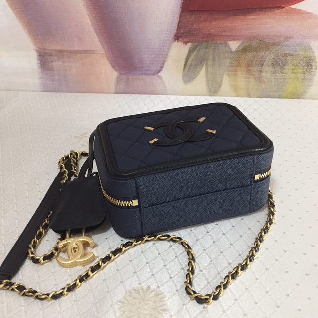 CC MINI 17 VANITY CASE IN AEGEAN BLUE MIX BLACK CALFSKIN GOLD HARDWARE