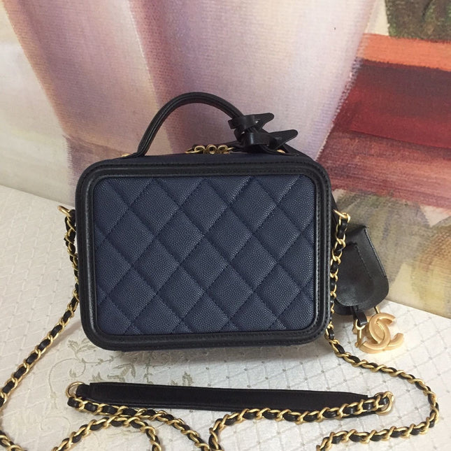 CC MINI 17 VANITY CASE IN AEGEAN BLUE MIX BLACK CALFSKIN GOLD HARDWARE