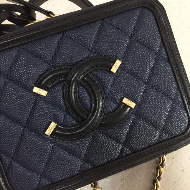 CC MINI 17 VANITY CASE IN AEGEAN BLUE MIX BLACK CALFSKIN GOLD HARDWARE